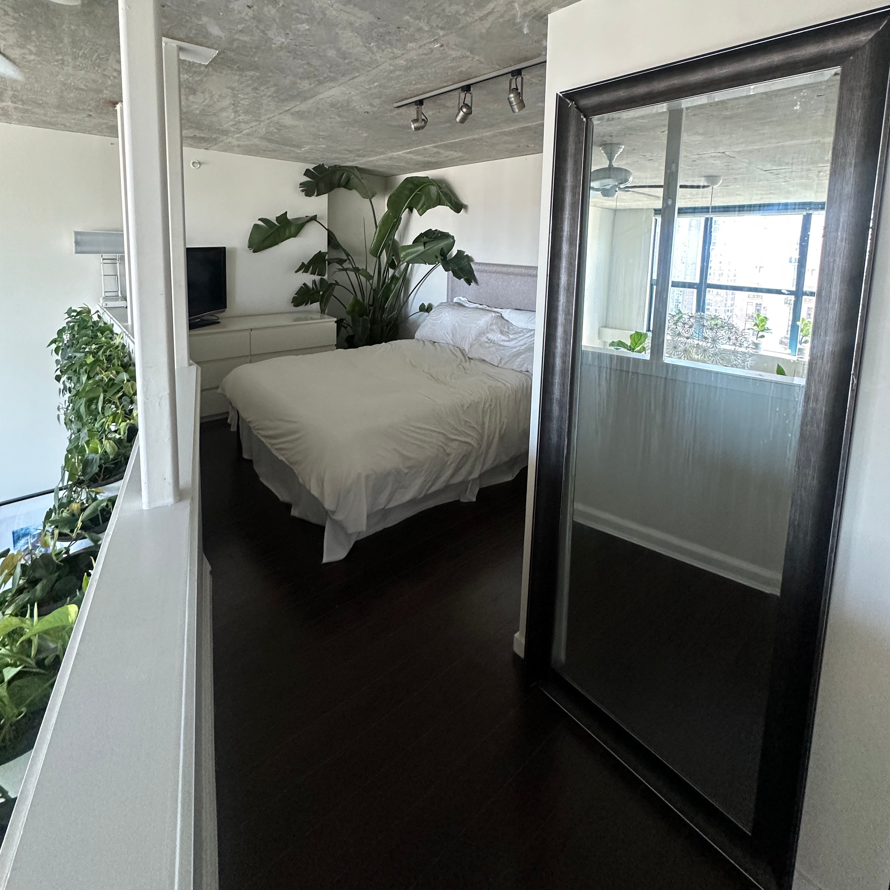 A modern bedroom interior with a bed dressed in white bedding, a large potted green plant, a dark wood floor, and a textured concrete ceiling. A large mirrored door or window frame is visible on the right side.