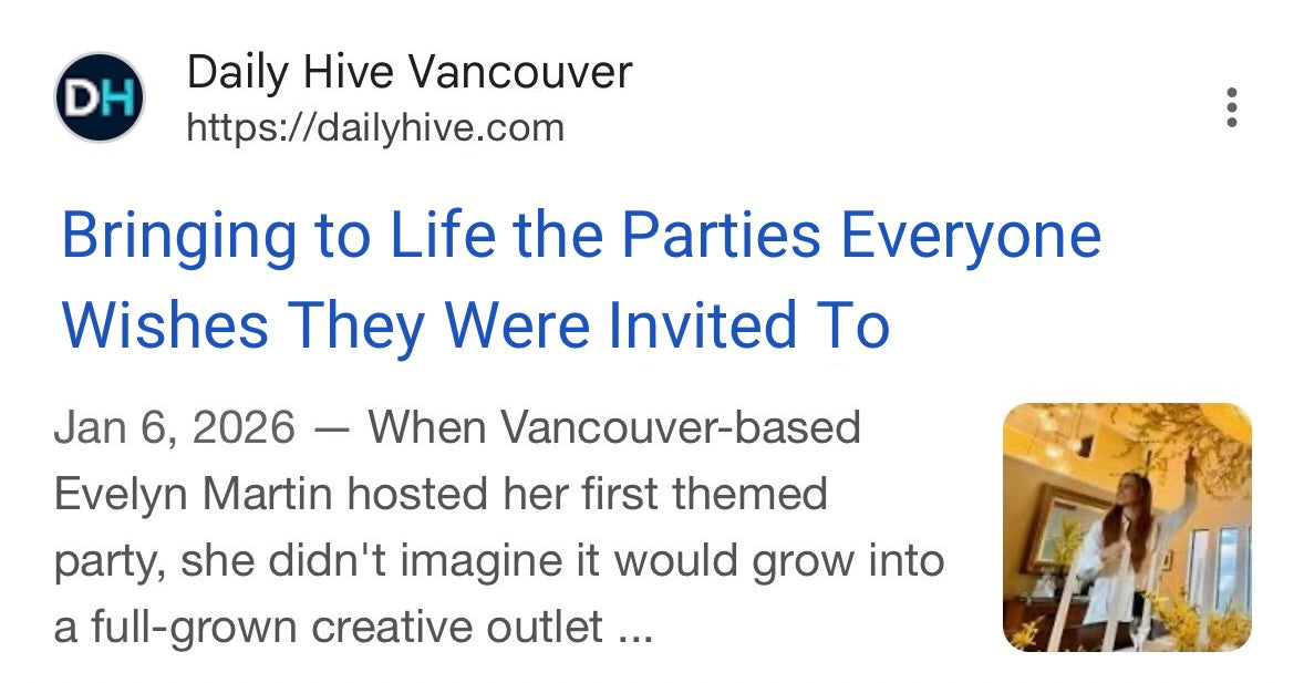 Article headline from Daily Hive Vancouver about a themed party hosted by Evelyn Martin.
