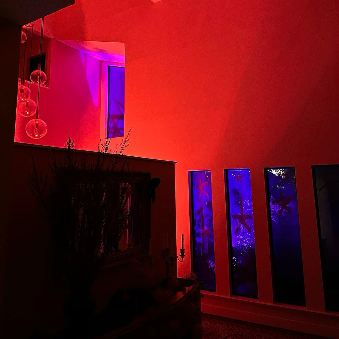 Red-lit room with decorative elements and a mirror.