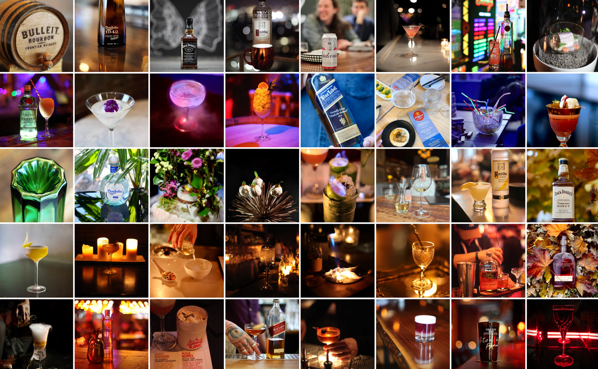 A 6x7 grid collage of 42 warm-toned cocktail and bar-themed photos, featuring drinks, bottles, candles, glasses, flowers, and dimly lit bar scenes.