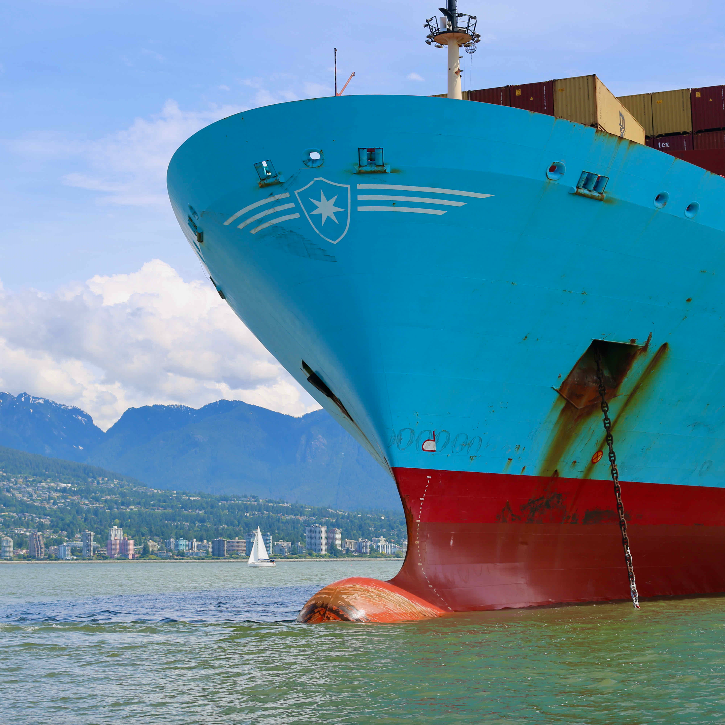 Container ship with a mountainous landscape in the background