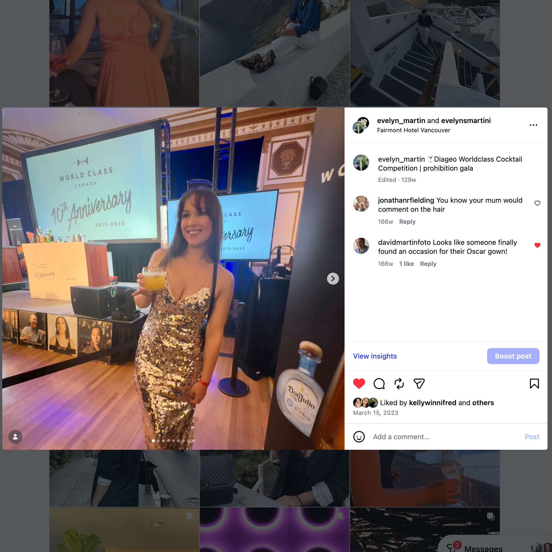 Woman in a gold dress holding a drink at an event with a social media interface overlay.