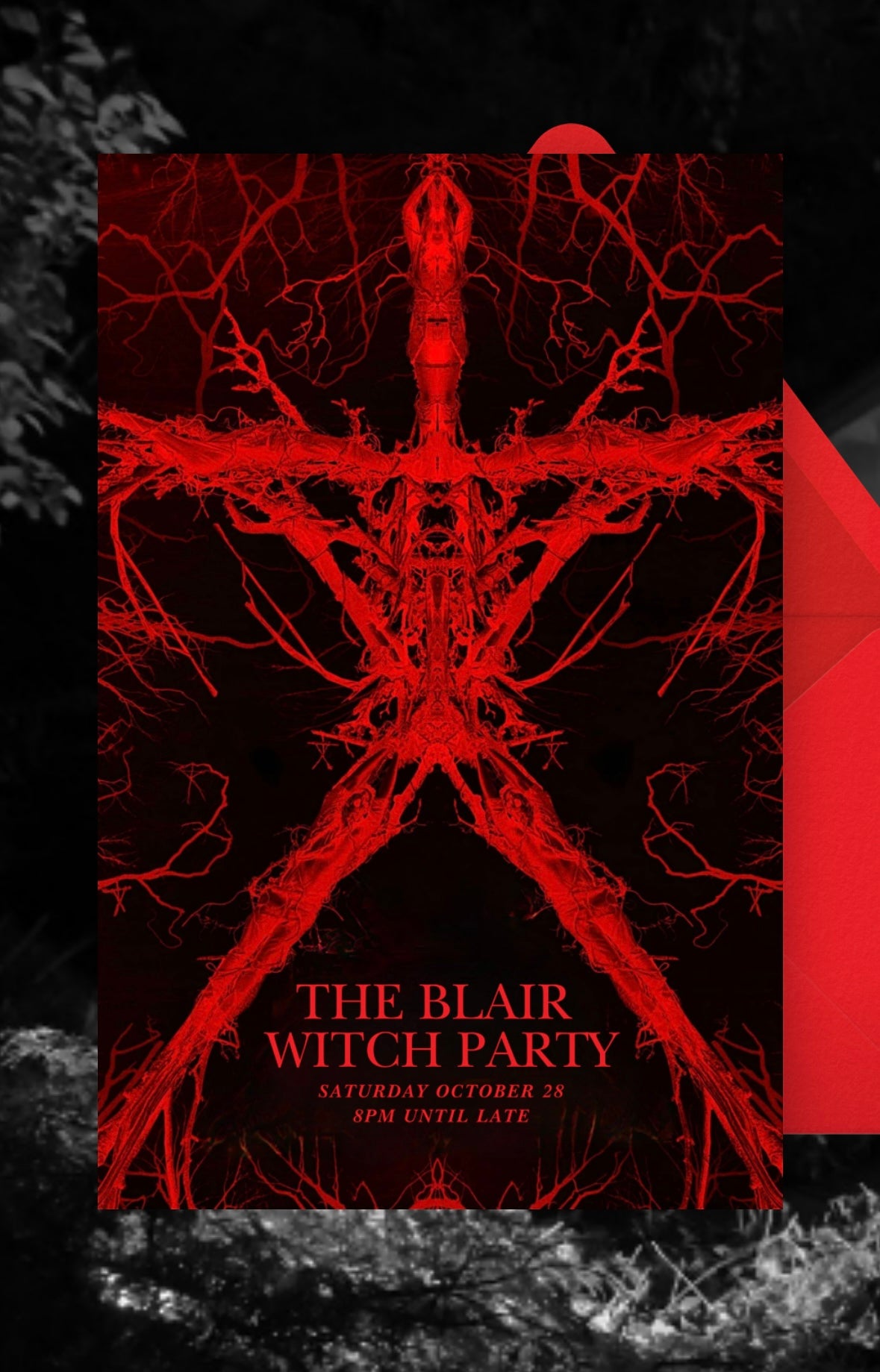 Paperless Post party invitation for 'The Blair Witch Party' with red vein-like design on a black background