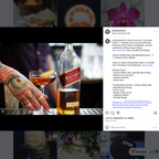 Johnnie Walker Red Label whisky bottle with a cocktail and tattooed hand, social media post overlay.