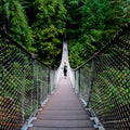 Suspension bridge in a forest with a person walking towards the camera