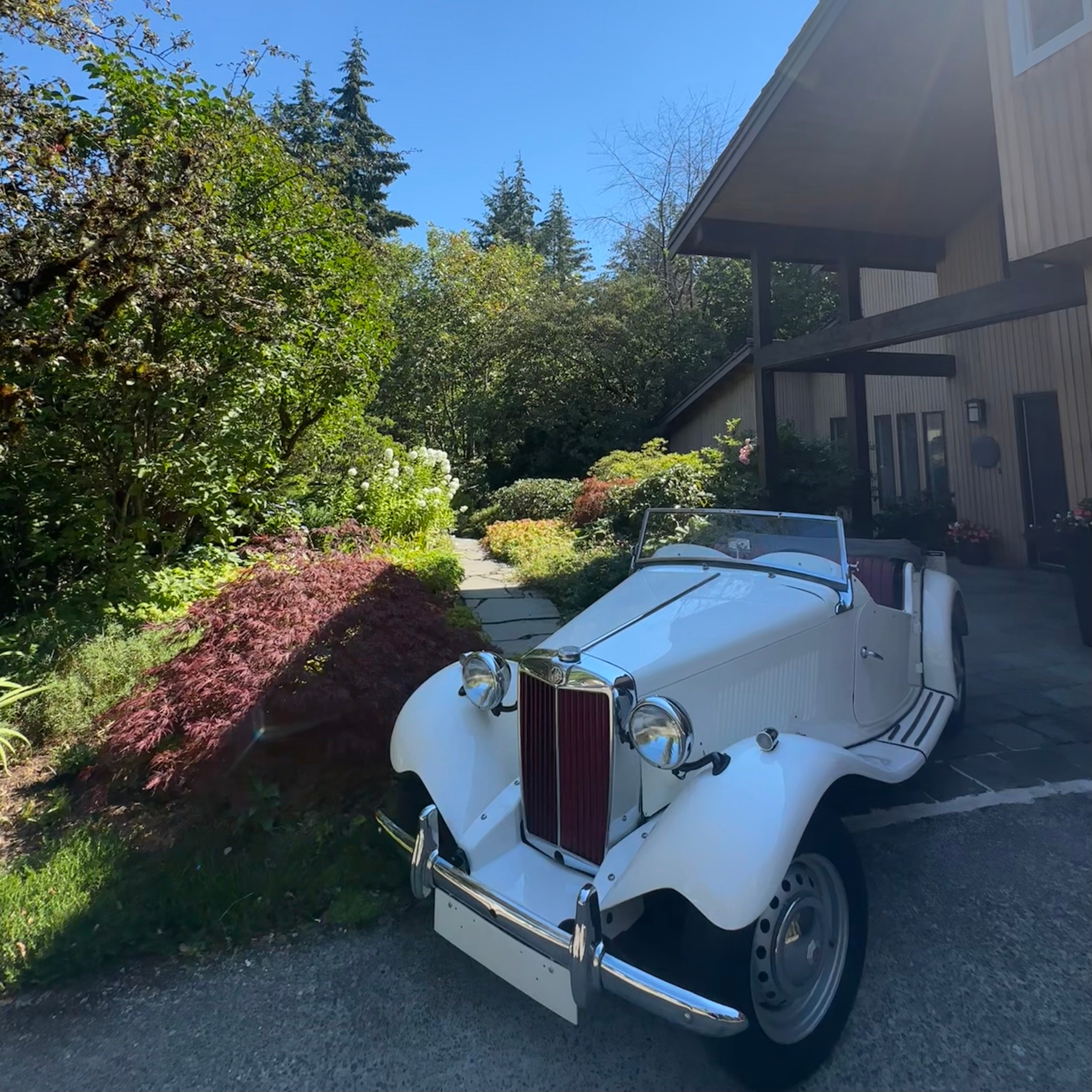 Vintage white car parked in front of a house with greenery