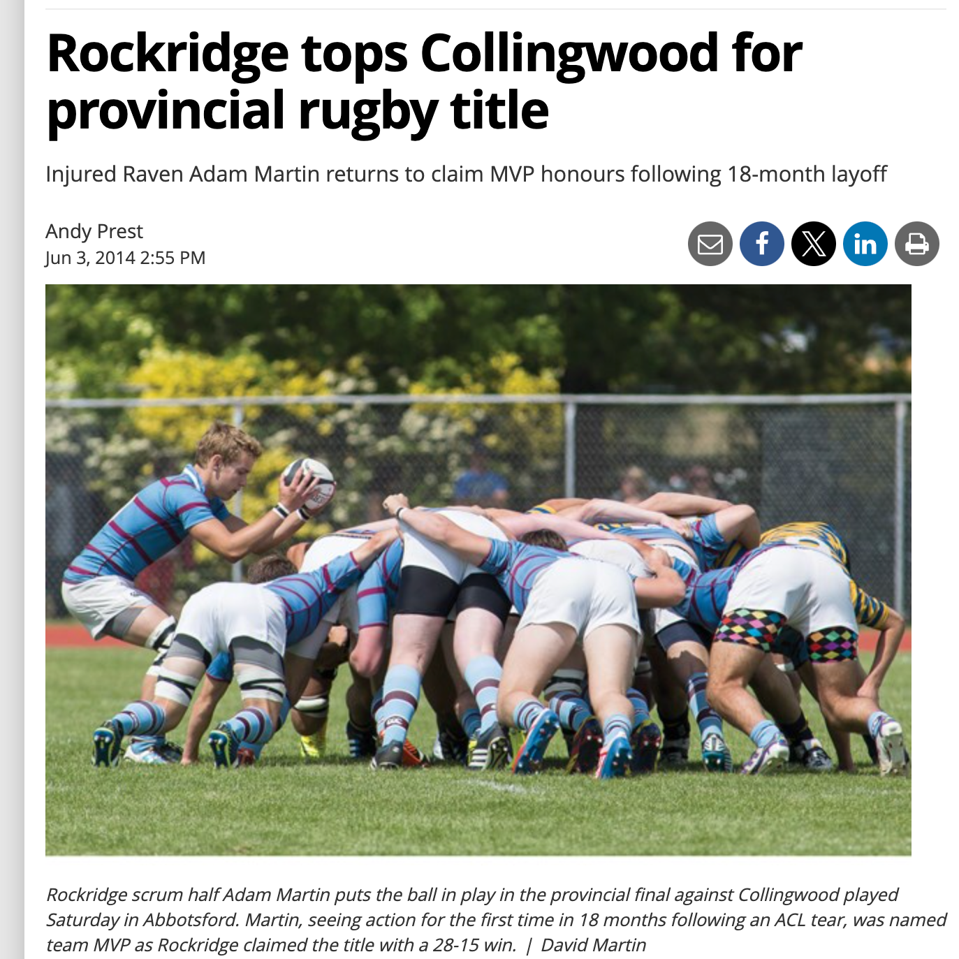 News article about Adam Martin and Rockridge topping Collingwood in provincial rugby with a photo of a rugby match.