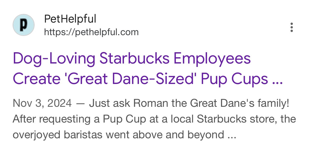 News article headline about Starbucks employees creating large-sized Pup Cups for dogs.