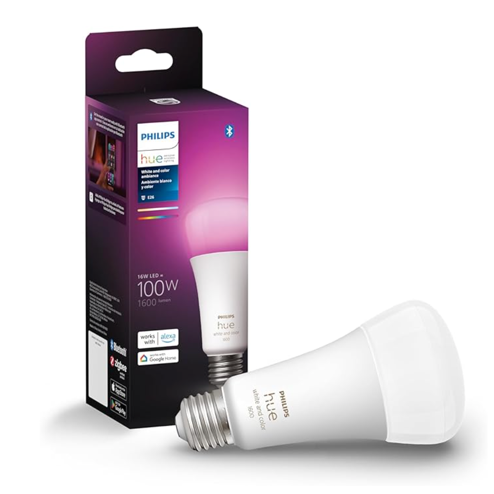 Philips Hue LED bulb and packaging on a white background