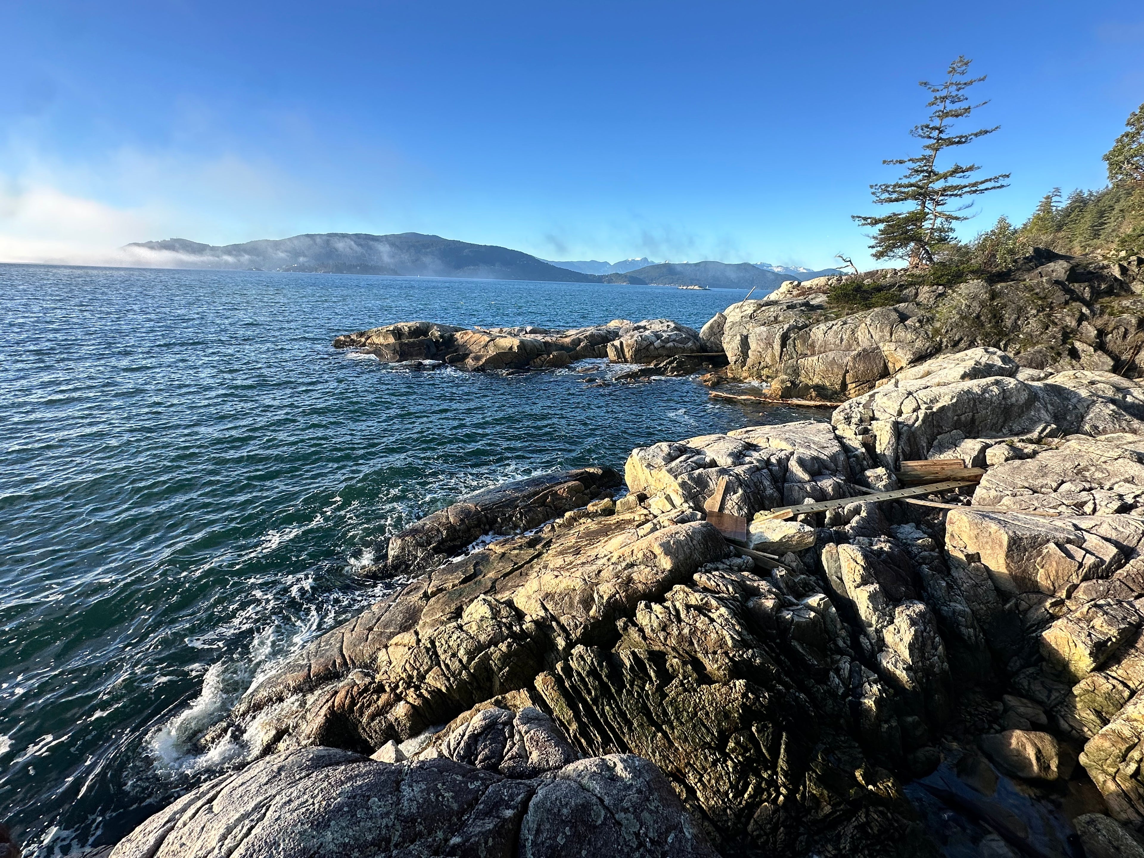 Rocky Pacific Northwest coastline with ocean waves and a clear blue sky