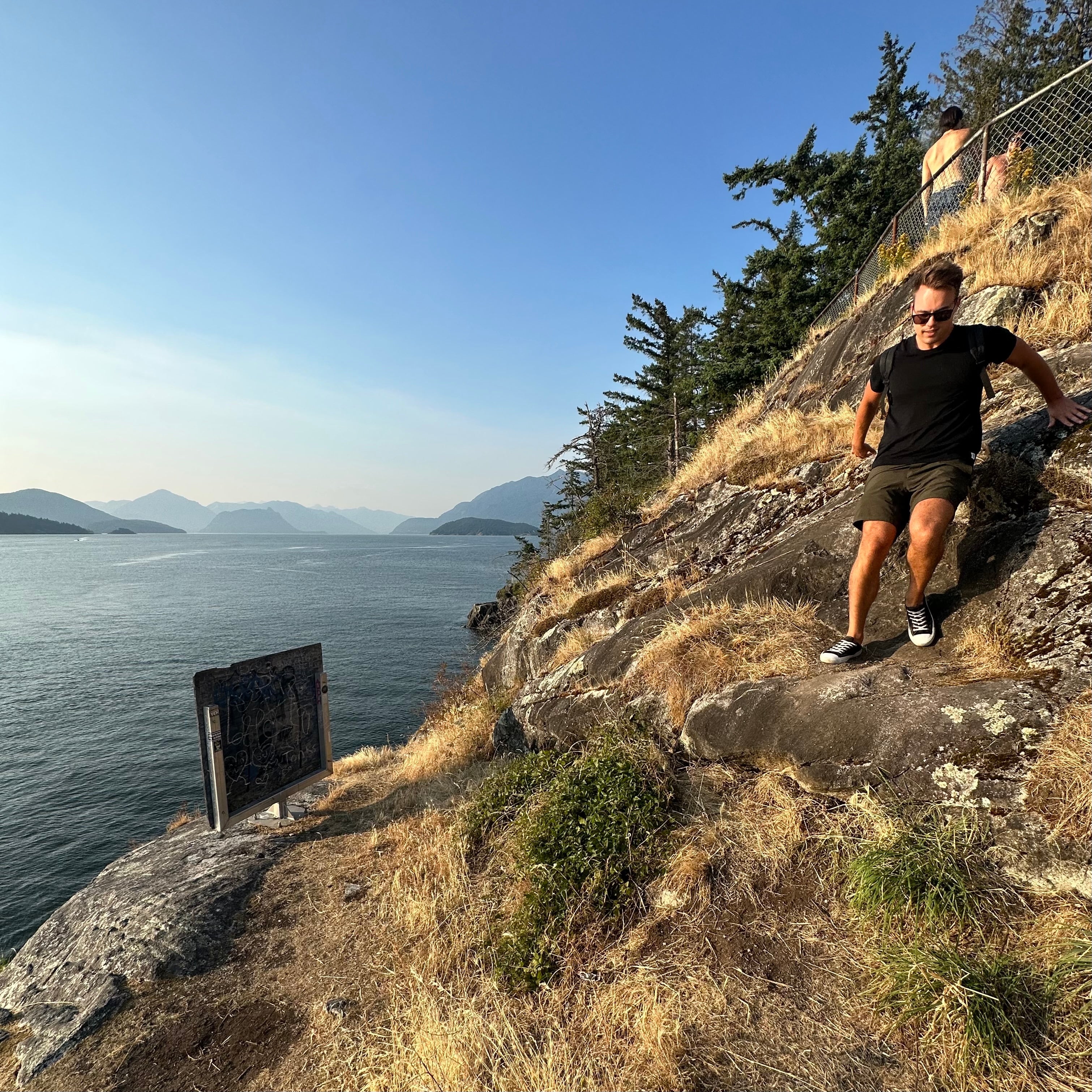 Rocky cliff overlooking a body of water with mountains in the distance.