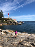 Rocky cliff with a lighthouse in the background and city skyline in the distance 