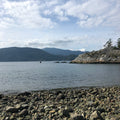 Scenic view of Pacific Northwest ocean with mountains in the background and a rocky shoreline.