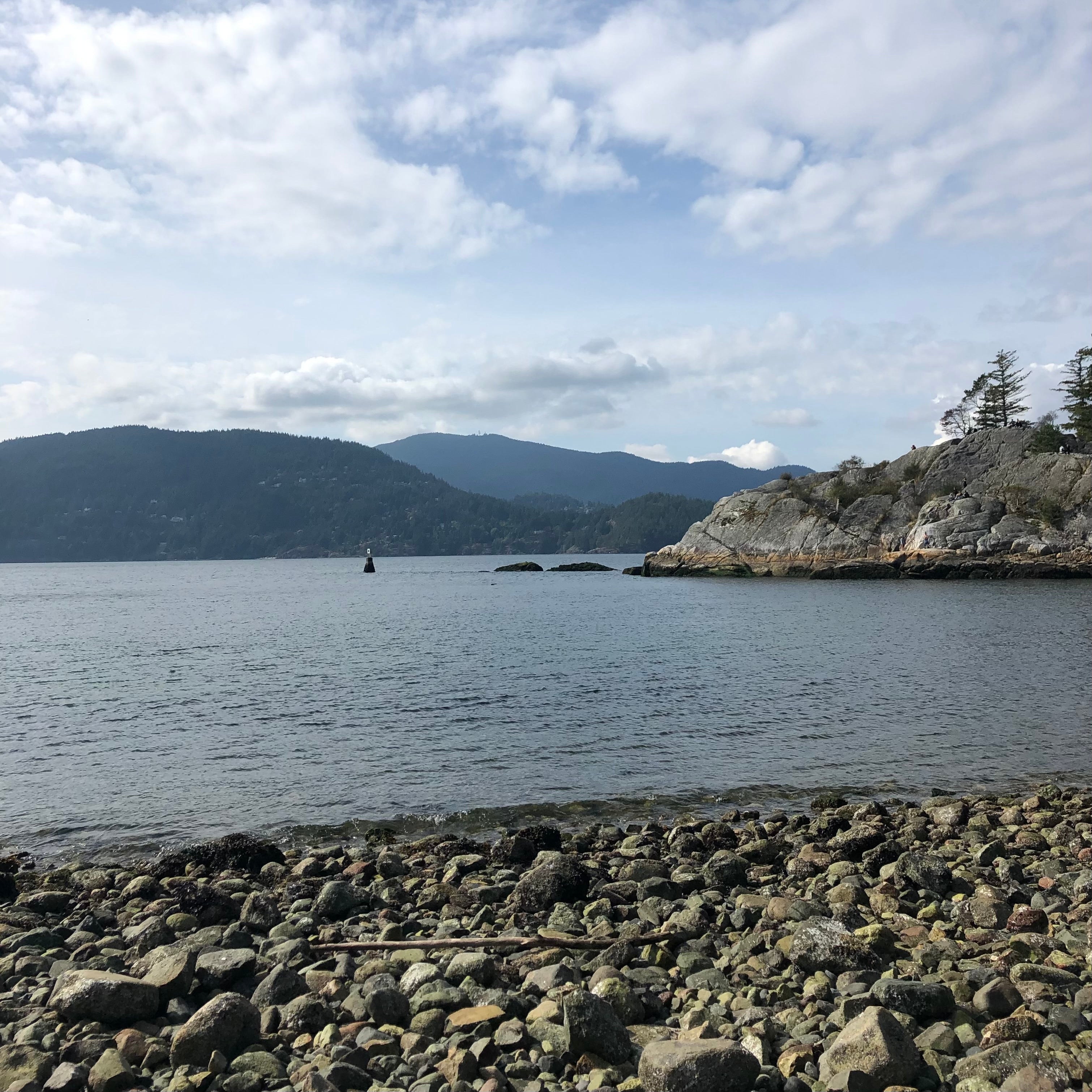 Scenic view of Pacific Northwest ocean with mountains in the background and a rocky shoreline.