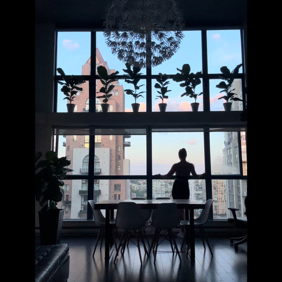 Person standing by a large window with cityscape view, silhouetted against the light