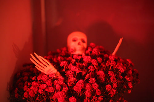 Skeleton holding a bouquet of flowers in a red-lit setting