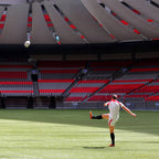 Soccer player kicking a ball on a green field with red seats in the background
