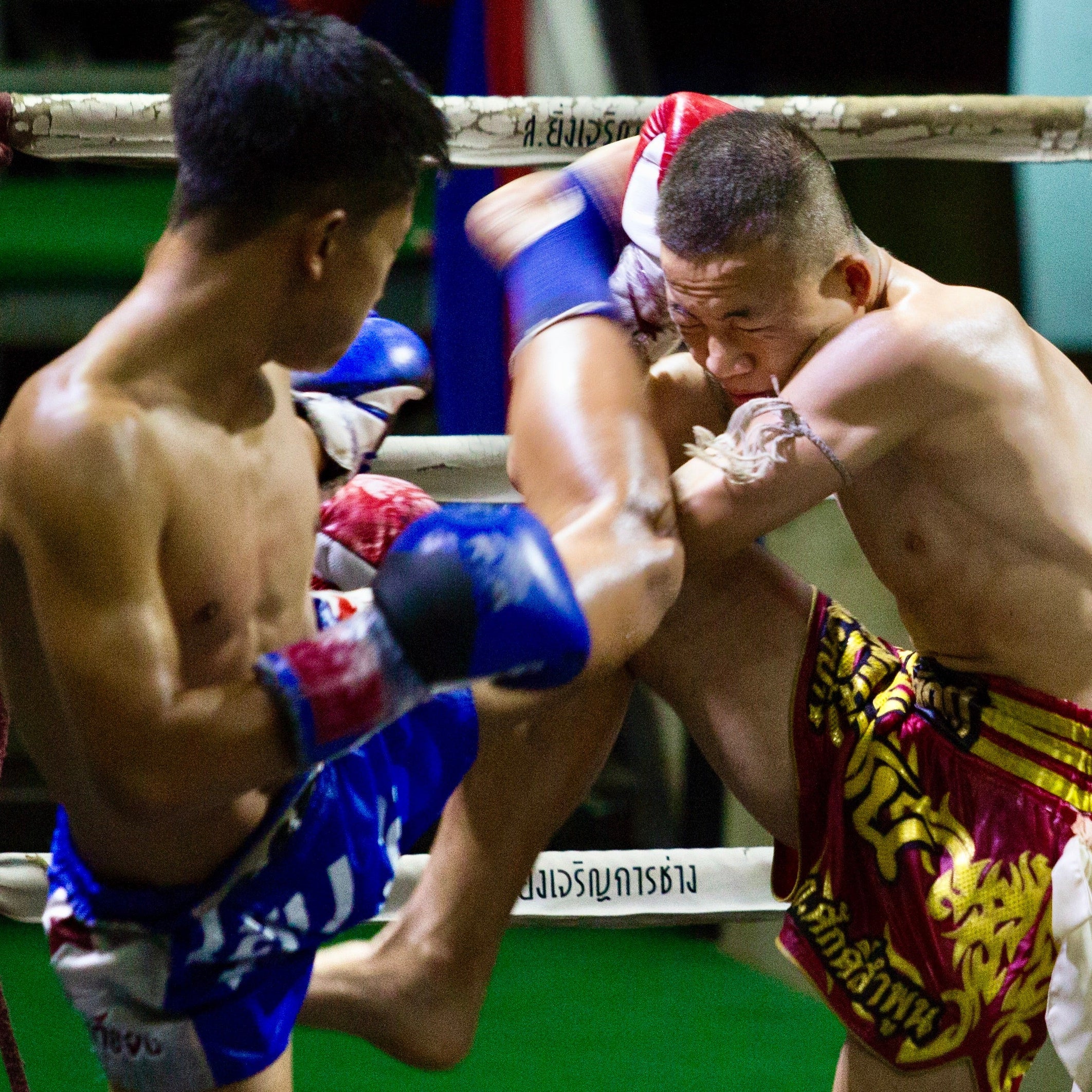 Two boxers in a boxing ring with one delivering a kick to the other.