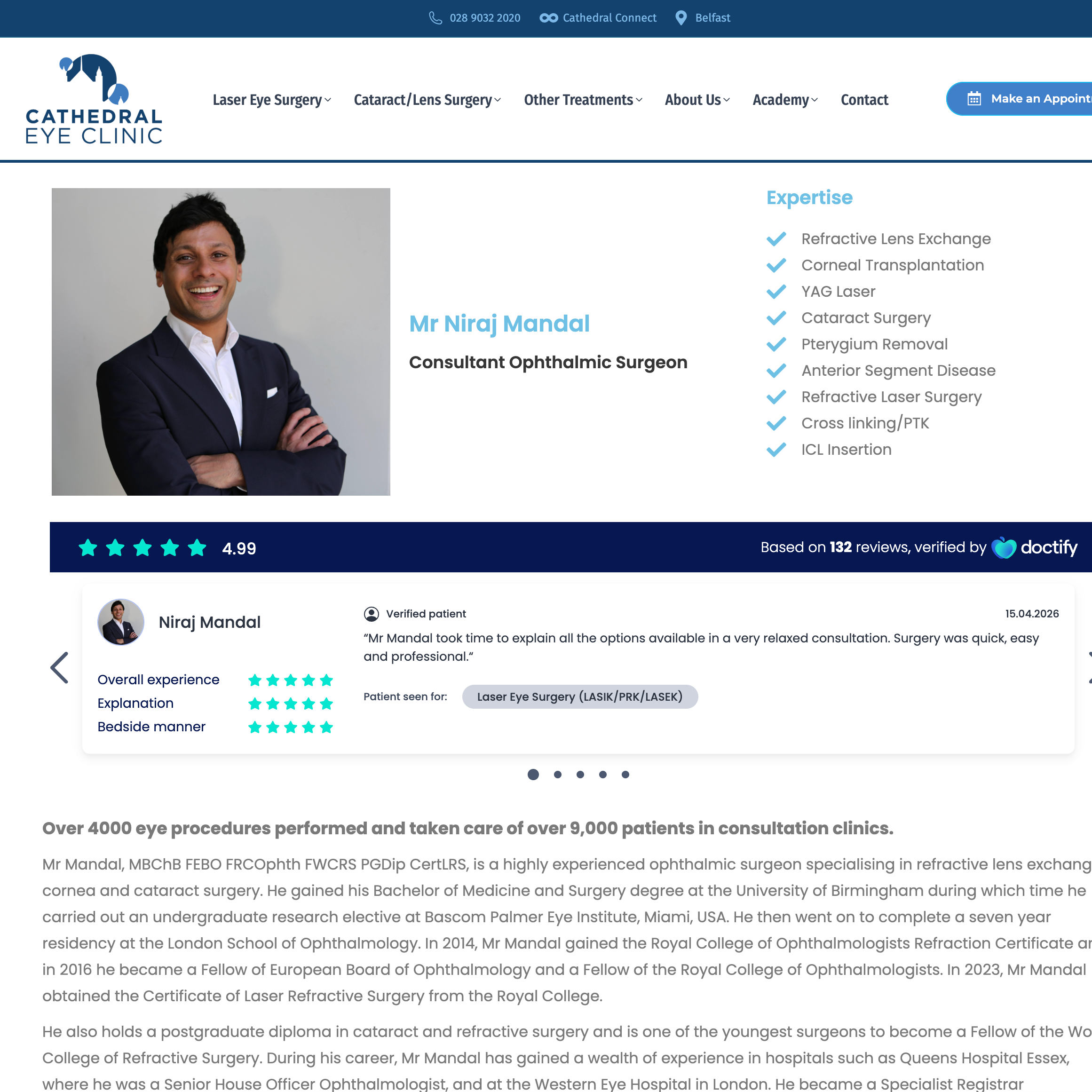 Website page of Cathedral Eye Clinic with a profile of a consultant ophthalmic surgeon.