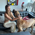 Woman petting a dog in a living room with a modern painting on the wall.