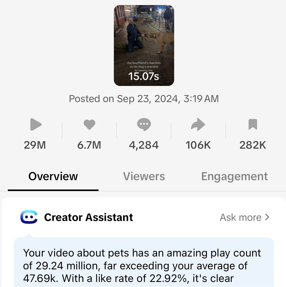 Video analysis screen with metrics and engagement details on a smartphone app.